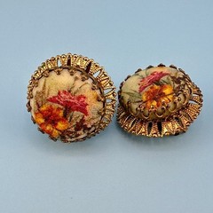 Vintage West Germany Earrings Sugared Florals Gold Tone Filigree Round Clip On