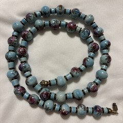 Vintage Hand Painted Porcelain Bead Necklace Turquoise Color Blue With Roses