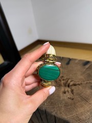 Antique Brass Buffalo Bone Cuff Bracelet Green Malachite Accent