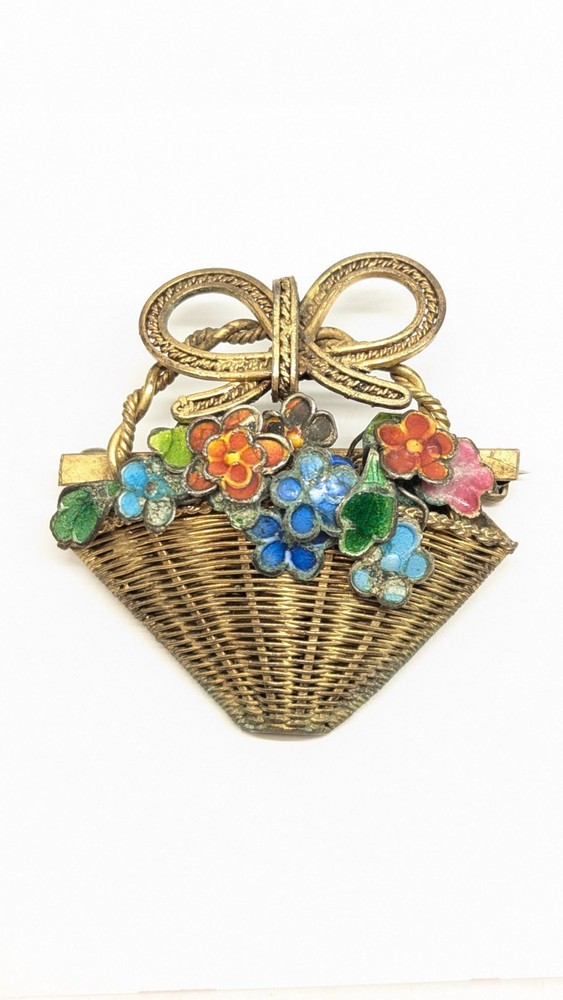Chinese Export Gold Gild Brass Silver Enamel Flower Basket Pin Brooch Vintage