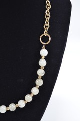 Pale Green Jade? Round Bead Stone Necklace Gold Tone Chain 21″