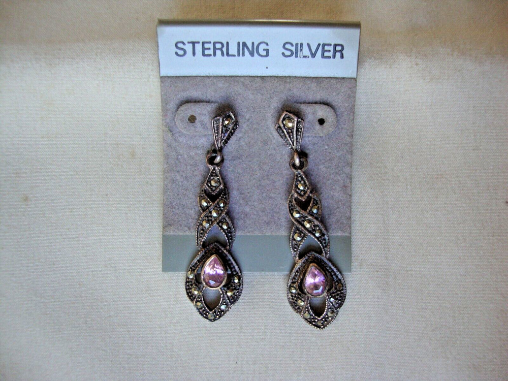 VINTAGE OPENWORK TEARDROP PINK TOPAZ W/MARCASITE SILVER 925 DANGLE STUD EARRINGS