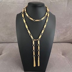 Vintage Gold Tone Geometric Bar Link Chain Long Lariat Necklace Tassel 40”