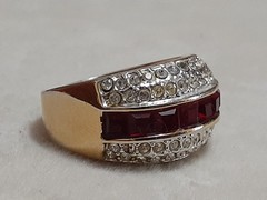Vintage layered CZ white & red channel set unisex gold tone ring size 7