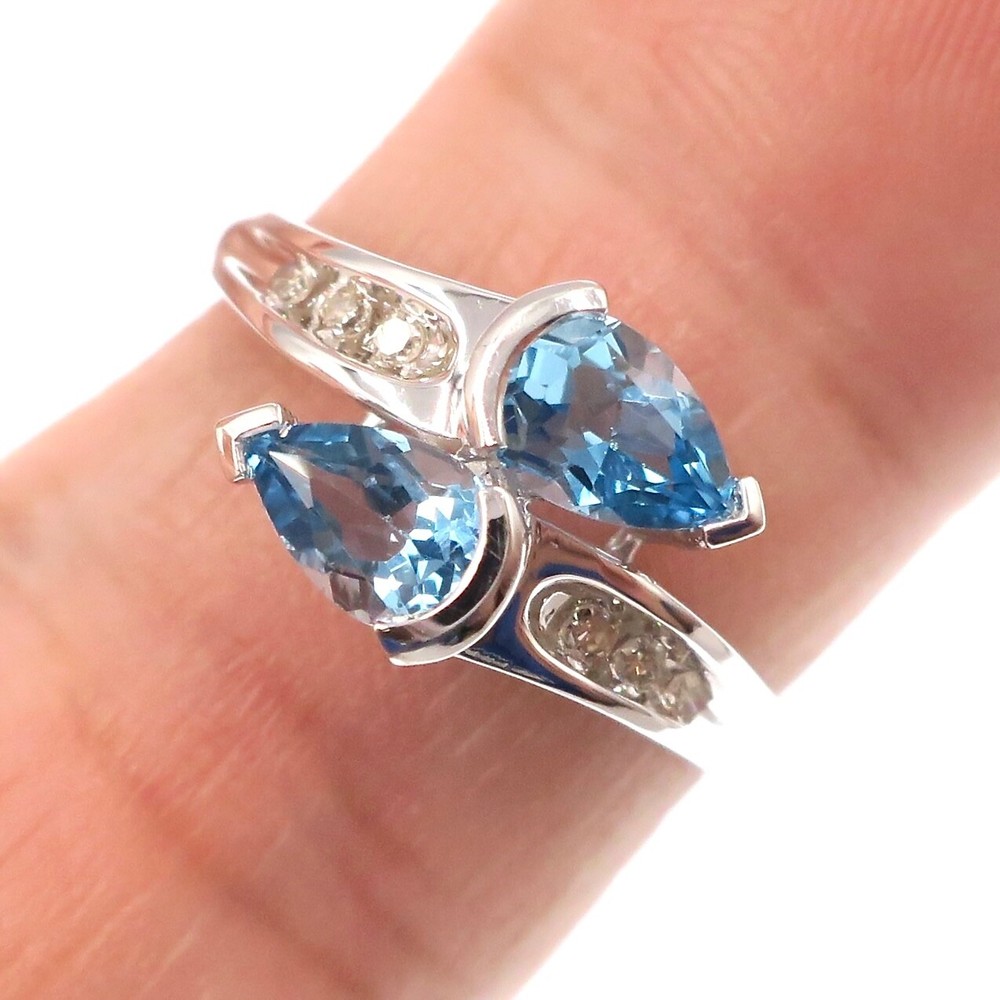 Classic 14k Solid White Gold Natural Blue Topaz and Diamond By-Pass Ring Size 7