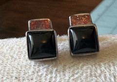 Vintage Black Onyx and Coral Sterling Silver Stud Earrings Signed DV 925
