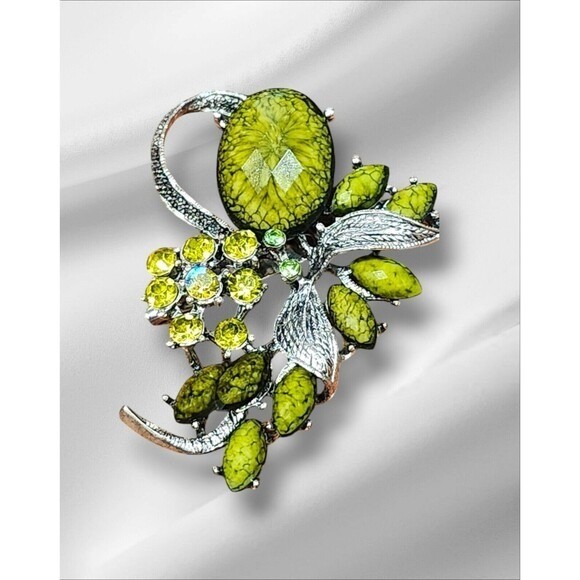 Vintage Style Lime Green Floral Brooch Silver Tone Rhinestone Botanical Pin