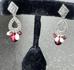 Vintage 925 Sterling Silver Marcasite Burgundy Dangle Earrings
