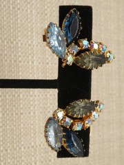Vintage Blue Gray Rhinestone AB Accent Clip On Earrings