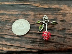Vintage JUICY COUTURE Rhinestone Red Cherry Pendant Enameled Leaves