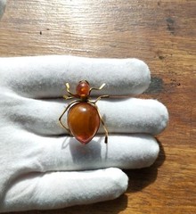 Vintage Russian USSR Baltic Amber Ant Bug Brooch Pin Gold Tone Spider Signed