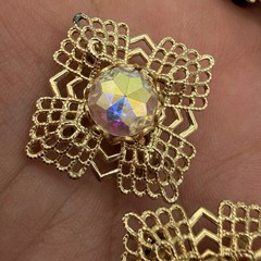 Vintage AB Rhinestone Brooch Pendant Clip On Earring Set Gold Tone Filigree Read
