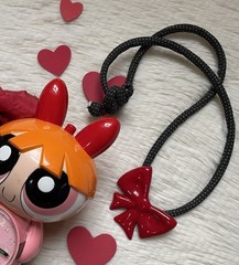 Vintage flying colors signed ceramic red bow Black Cord necklace