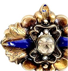 Antique 10K Yellow Gold Blue Enamel, Seed Pearls, Paste Diamond 7.3 grams 1-5/8″