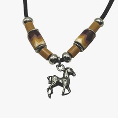 VTG Silver Horse Pendant Necklace Southwest Bead Charm Black Cord Pony Unisex