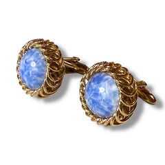 Vintage Cufflinks Mens Gold Tone Blue Swirl Glass Regency Bullet Back