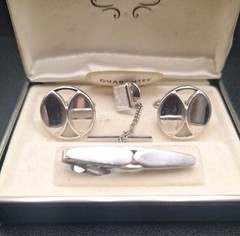 Vtg Men’s SWANK Cufflinks & Tie Clip Tie Bar Set Geometric Circular Ds Slvr-Tone