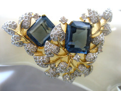 RARE JOMAZ JOSEPH MAZER BLUE & PAVE RHINESTONE LEAF 1950’S BROOCH & EARRINGS SET