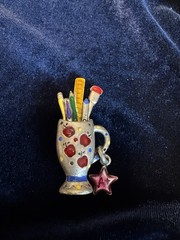 Vintage Tanya Creations Teacher Apple Mug Brooch Pin A+ Dangle Enamel TC