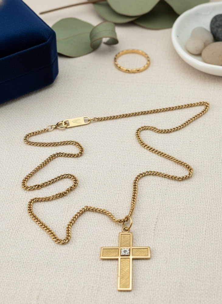 Vintage Artisan 12K Gold Filled Cross Necklace Diamond Accent 20in Curb Chain