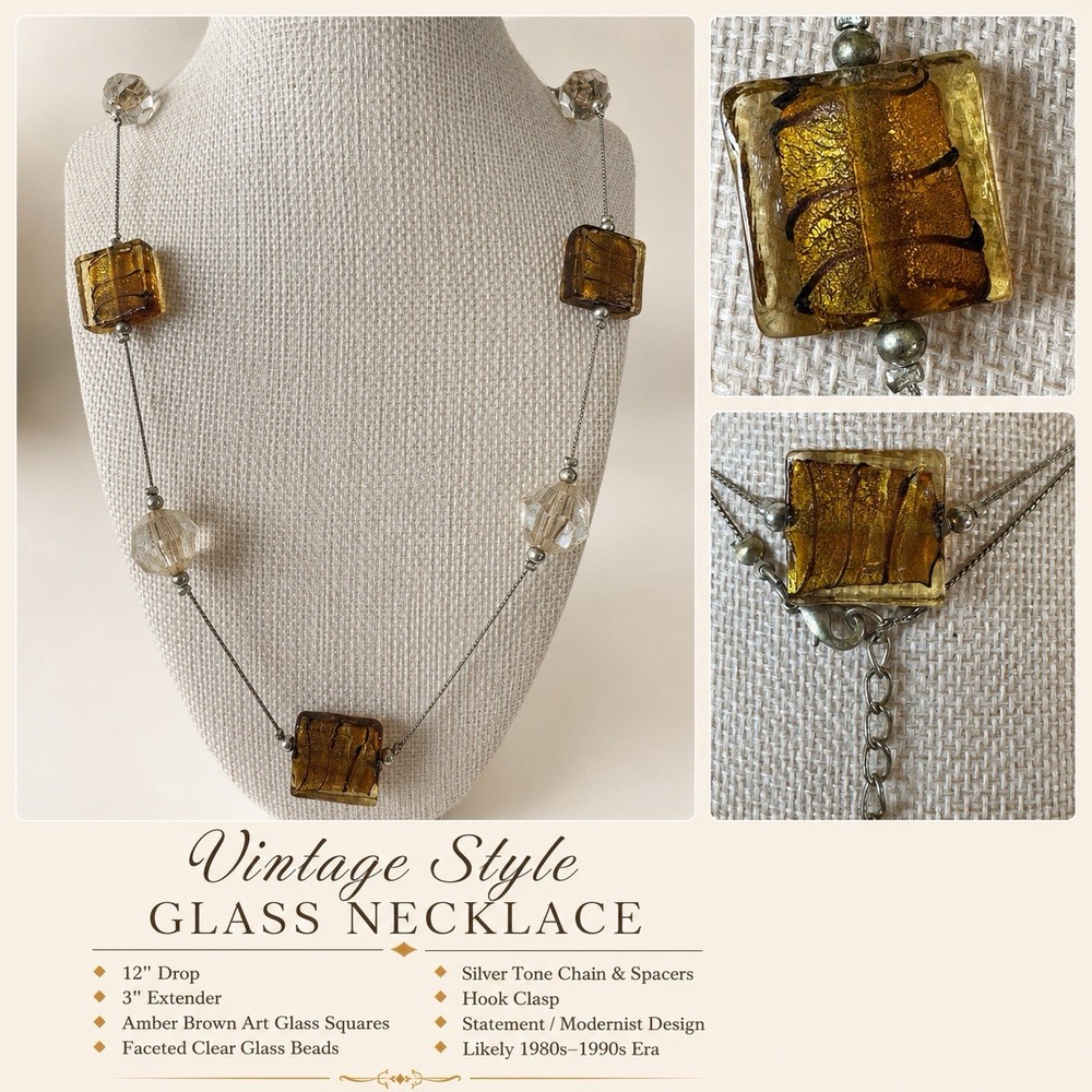 Vintage Amber Brown Art Glass Square Bead Necklace Silver Tone Chain 24” N110