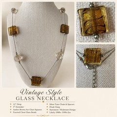 Vintage Amber Brown Art Glass Square Bead Necklace Silver Tone Chain 24” N110