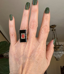 Estate Mid-Century Coral & Onyx Cocktail Ring | 14k Yellow Gold | Ribbed Shank