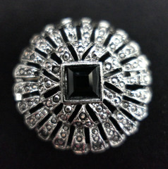 2 Vtg Brooches Silver Tone Crystals and Rhinestones Blue, Clear & Black Sparkle