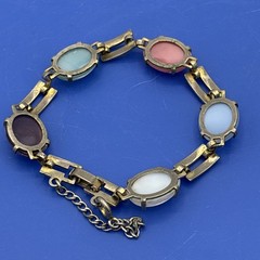 Vintage Pastel Cabochon Link Bracelet Pink Blue Purple Silver Tone 7.5”