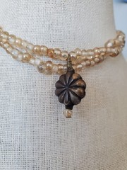 Vintage Beige Glass Bead Double Strand Ethnic Bronze Charm Choker Necklace