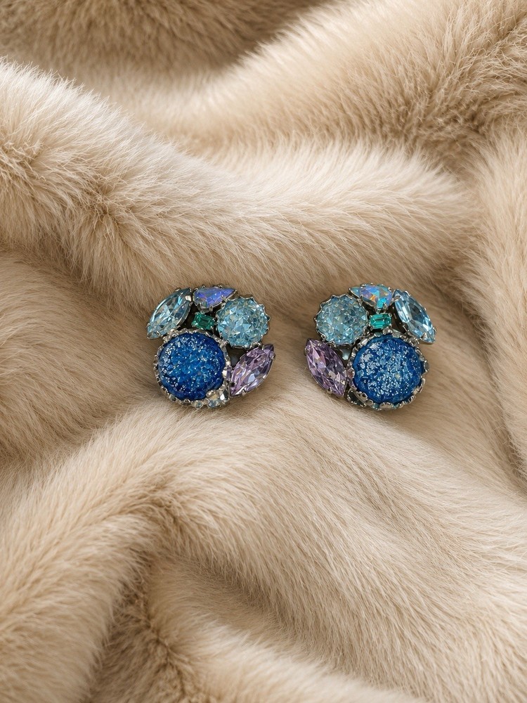 Vintage Weiss Blue Purple Rhinestone Clip-On Earrings Signed Designer Glam