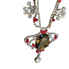 Vtg Signed Husar D Czech Glass Festoon Necklace Green Center Red Accent Stones