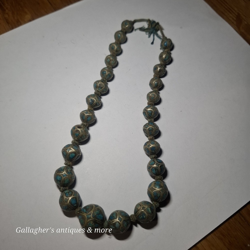 vintage Bead Tibetan Turquoise Inlay Silver Graduated 16″ Choker Necklace