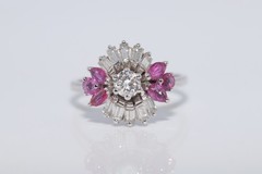Vintage Circa 1990s 18k Gold Natural Diamond And Ruby Decorated Ring