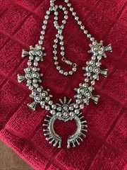 Vintage Turquoise Silver Toned Squash Blossom Style Southwest Costume Necklace