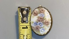 Vintage Hand Painted Floral Porcelain Brass Double Sided Locket Pendant