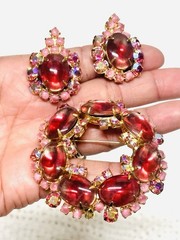 Vtg JULIANA Pink Cabochon Glass Rhinestones Earrings Flower Brooch Pin Set As Is