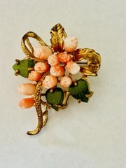 Vintage Swoboda Gold Tone Angel Skin Coral And Jade Brooch