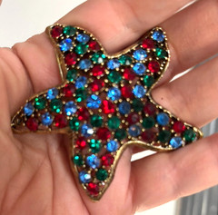 Vintage WEISS signed Red, Green, Blue Colored Starfish Crystal Rhinestone Brooch