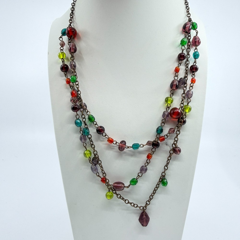 Bohemian Multicolor Glass Bead Layered Necklace Statement Festival Jewelry
