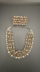 Vintage 4 Strand BiB Style Necklace Set W/Stretch Bracelet Crystals Faux Pearls