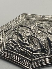 Vintage Silver Tone Scenic Brooch Pin Asian Figures Garden Floral Landscape 3 In