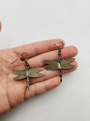 Vintage Style Antiqued Bronze Tone Art Nouveau Dragonfly Elegant Hook Earrings