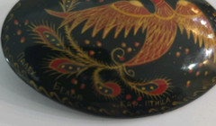 Hand Painted Bird 2.5″ Brooch Wood Made In Russia Vintage in Gift Box