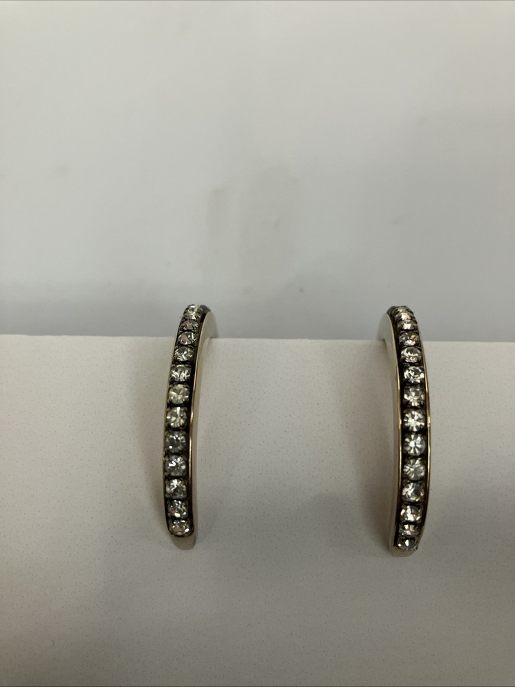 Vintage 1.5” Crystal Rhinestone Gold Tone Metal Hoop Earrings Pierced No Backs