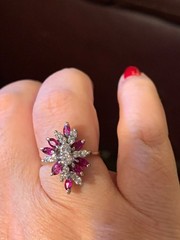 VINTAGE 14K WHITE GOLD RUBIES DIAMONDS CLUSTER SPRAY COCKTAIL RING STATEMENT
