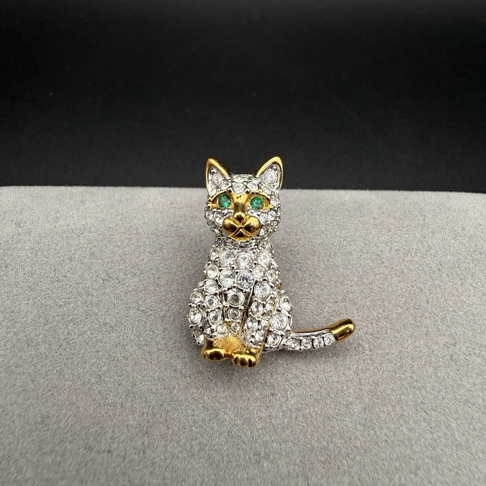 Vintage Swarovski Pave Crystal Kitty Cat Pin Brooch Green Eyes Swan Logo Retired