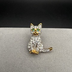 Vintage Swarovski Pave Crystal Kitty Cat Pin Brooch Green Eyes Swan Logo Retired