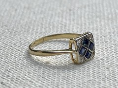 Art Deco 14K Gold And Platinum sapphire Ring Geometric Square Estate Size 5.5