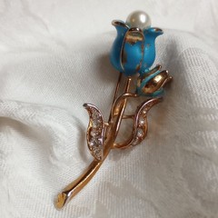 Enameled Teal Vintage Tulip Flower Brooch, Rhinestones faux pearl pot metal 2.5″